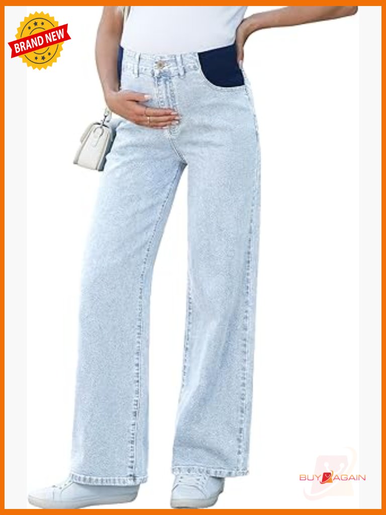 High Waist Maternity Jeans Straight Leg Denim Pants With Pockets